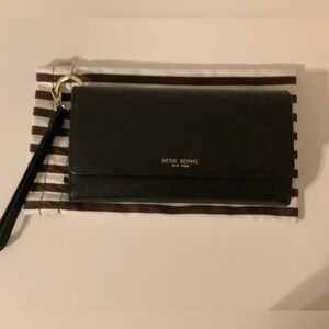 Henri Bendel Black Leather Wallet with Silver Details